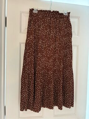 Pleated Brown Midi Skirt with White Polka Dots